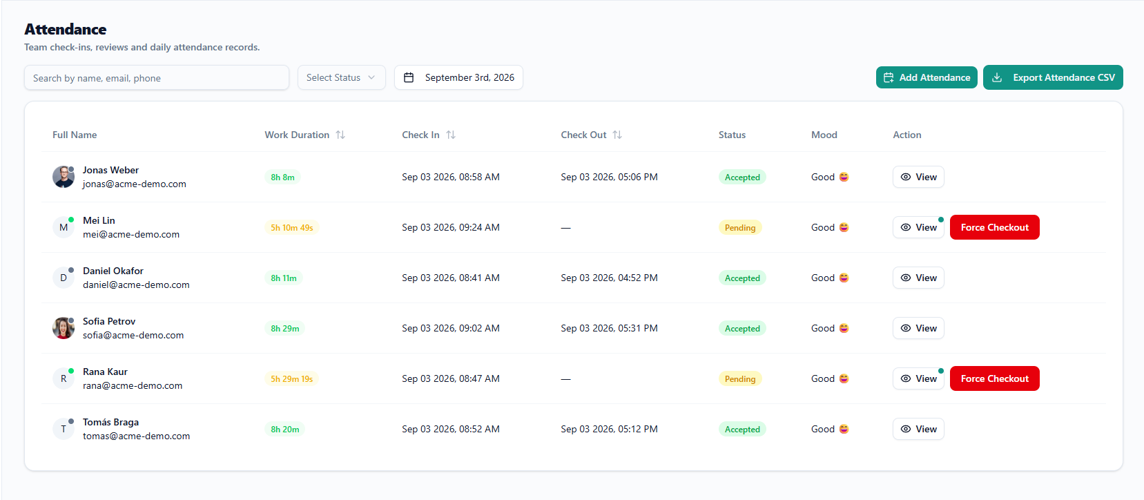 The attendance page: team check-ins with statuses, work duration and reviews